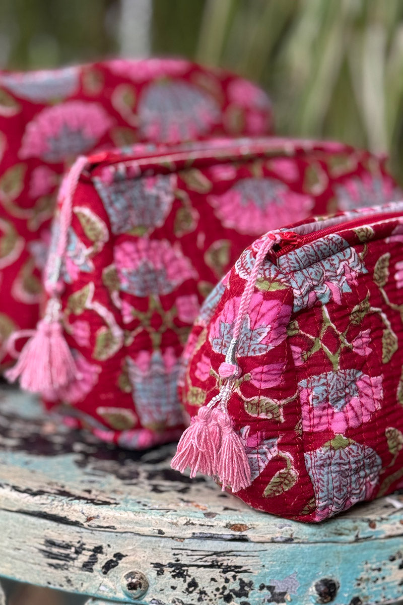 Wash Bags, accessories, Hand block prints, plastic lined with inside - Scarlet