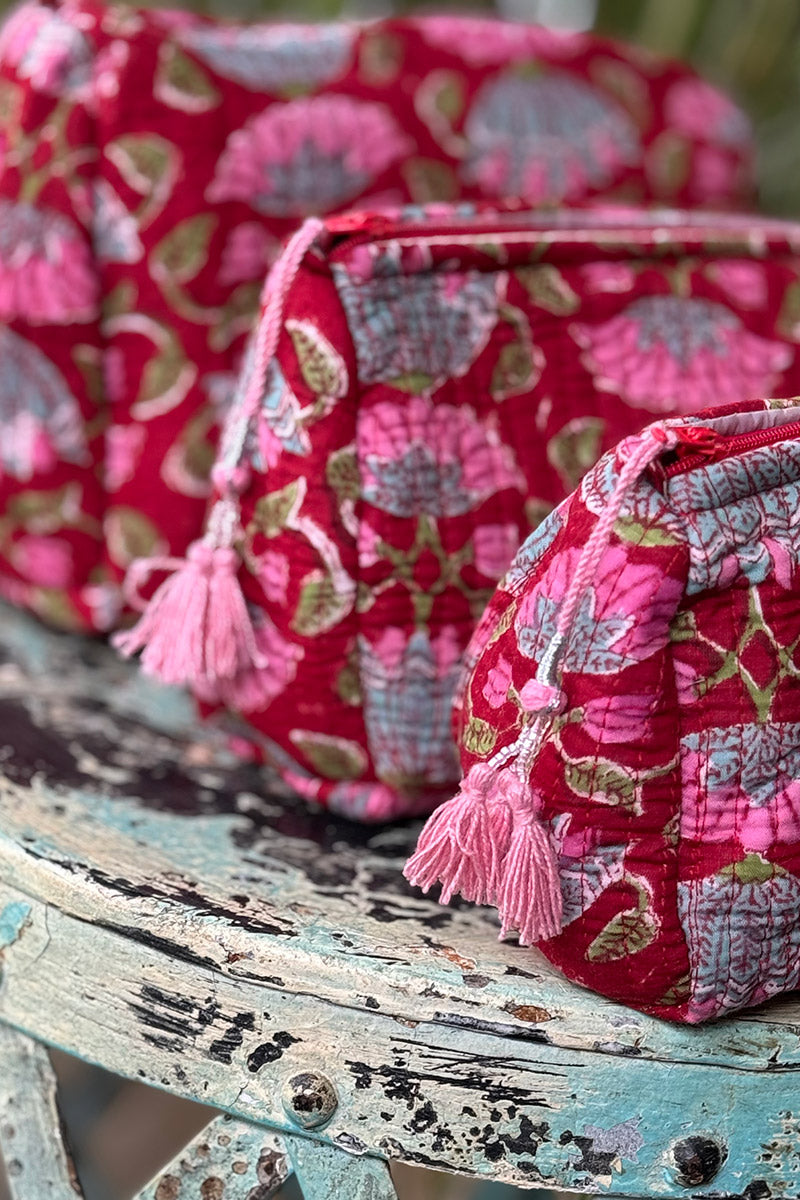 Wash Bags, accessories, Hand block prints, plastic lined with inside - Scarlet
