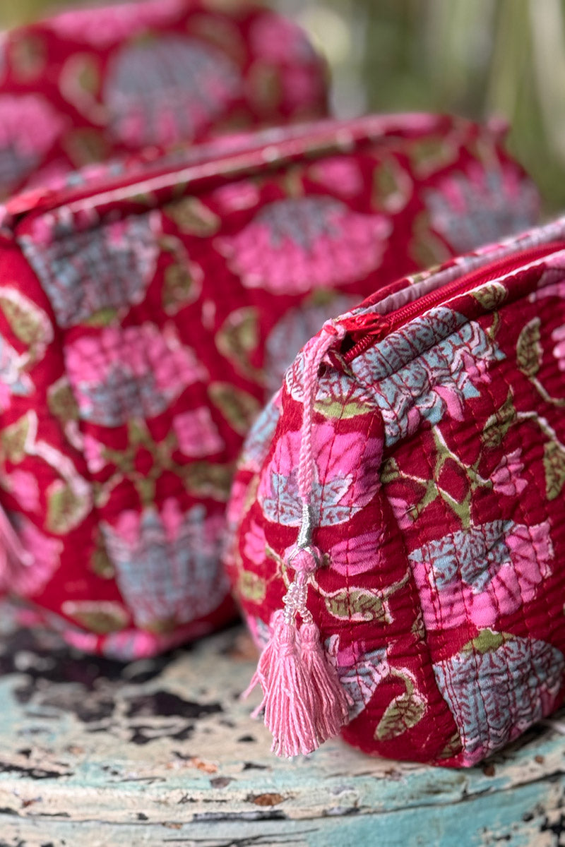 Wash Bags, accessories, Hand block prints, plastic lined with inside - Scarlet