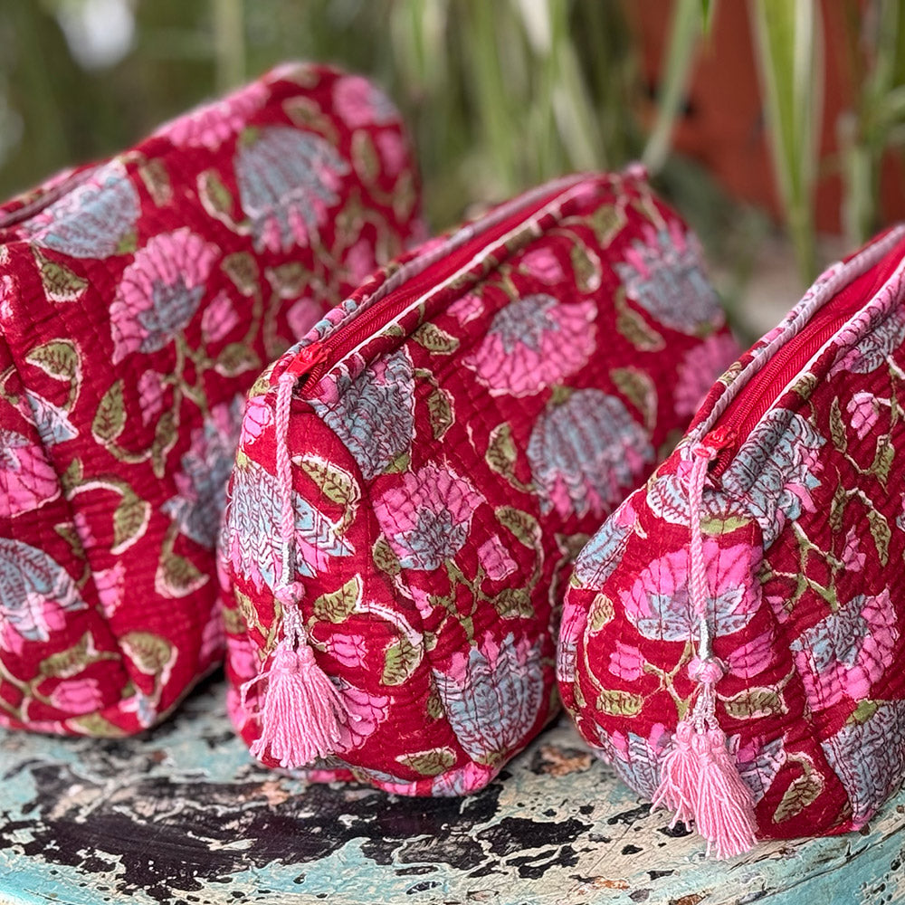 Wash Bags, accessories, Hand block prints, plastic lined with inside - Scarlet