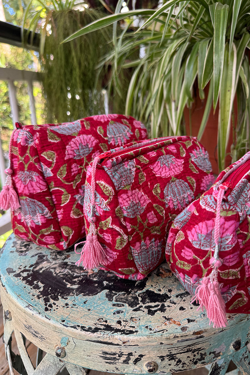 Wash Bags, accessories, Hand block prints, plastic lined with inside - Scarlet
