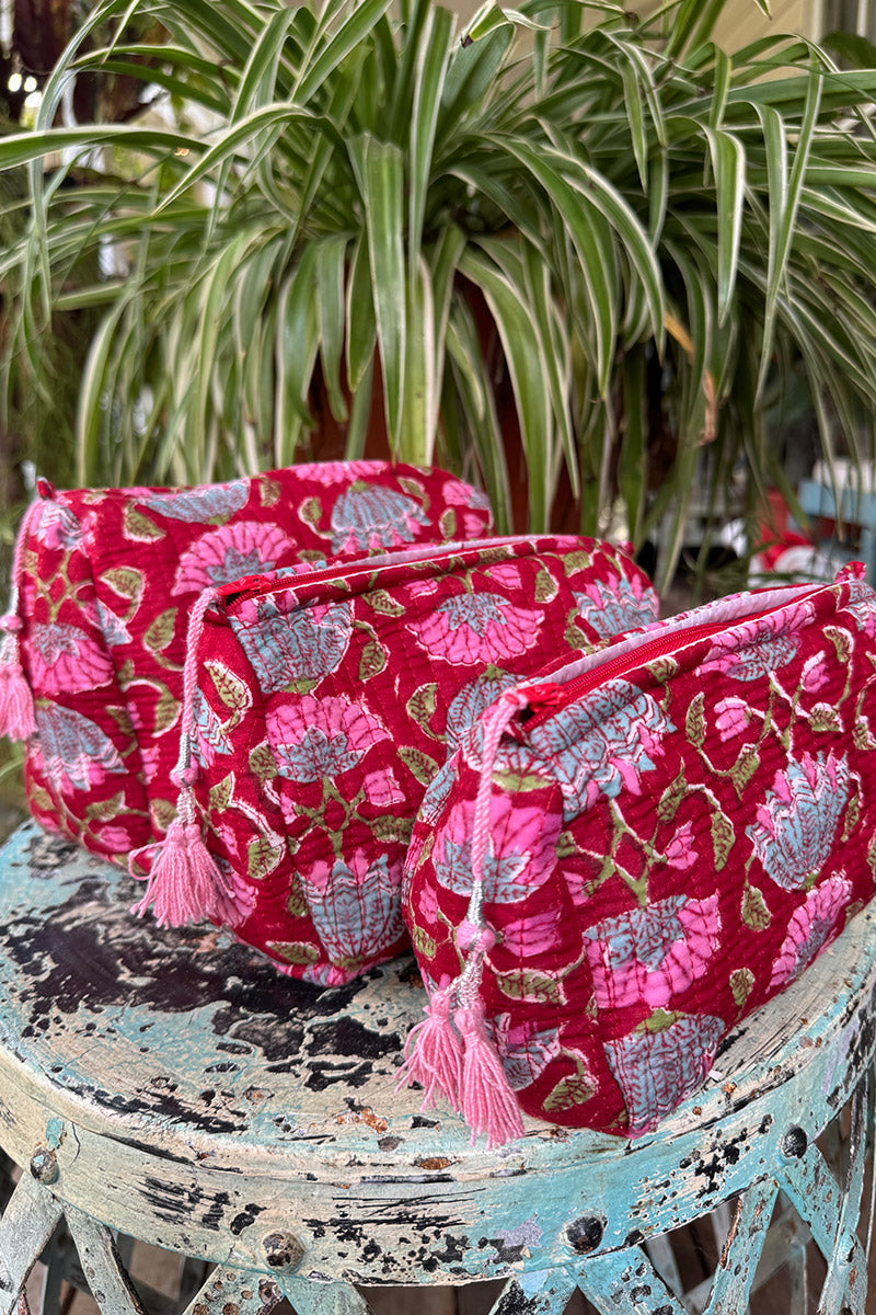 Wash Bags, accessories, Hand block prints, plastic lined with inside - Scarlet