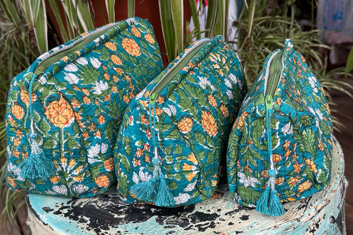 Wash Bags, accessories, Hand block prints, plastic lined with inside - Spruce