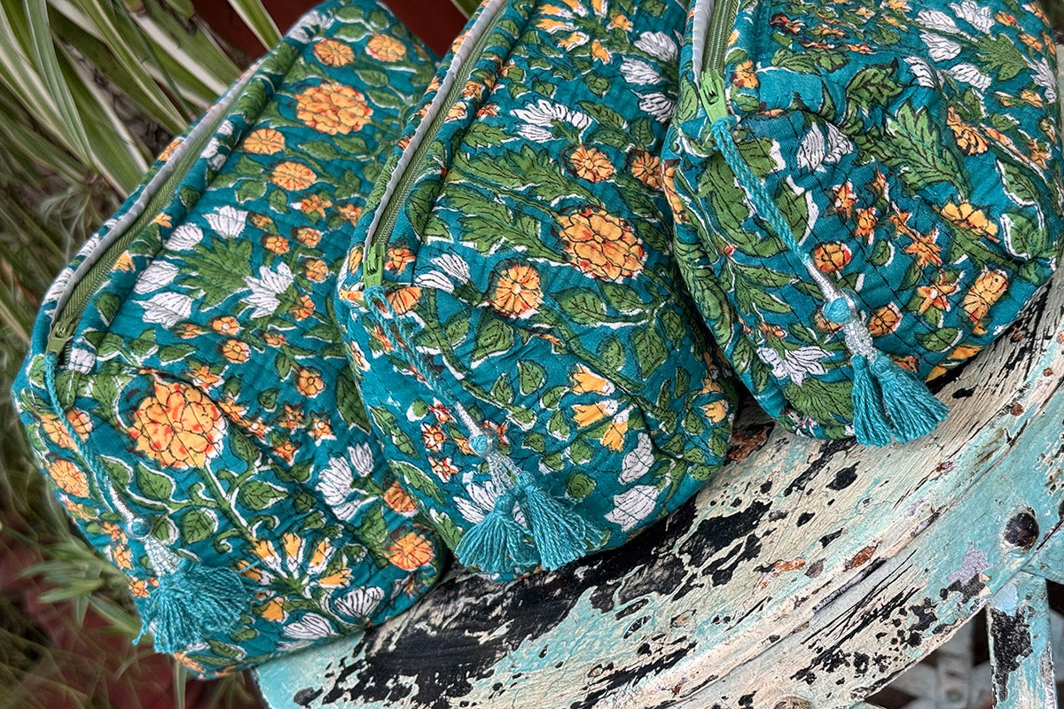 Wash Bags, accessories, Hand block prints, plastic lined with inside - Spruce