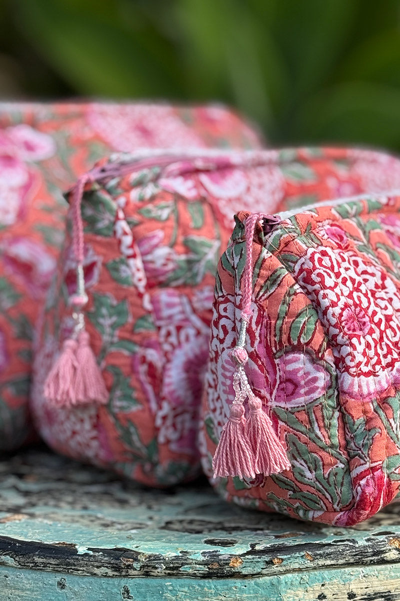 Wash Bags, accessories, Hand block prints, plastic lined with inside - Coral