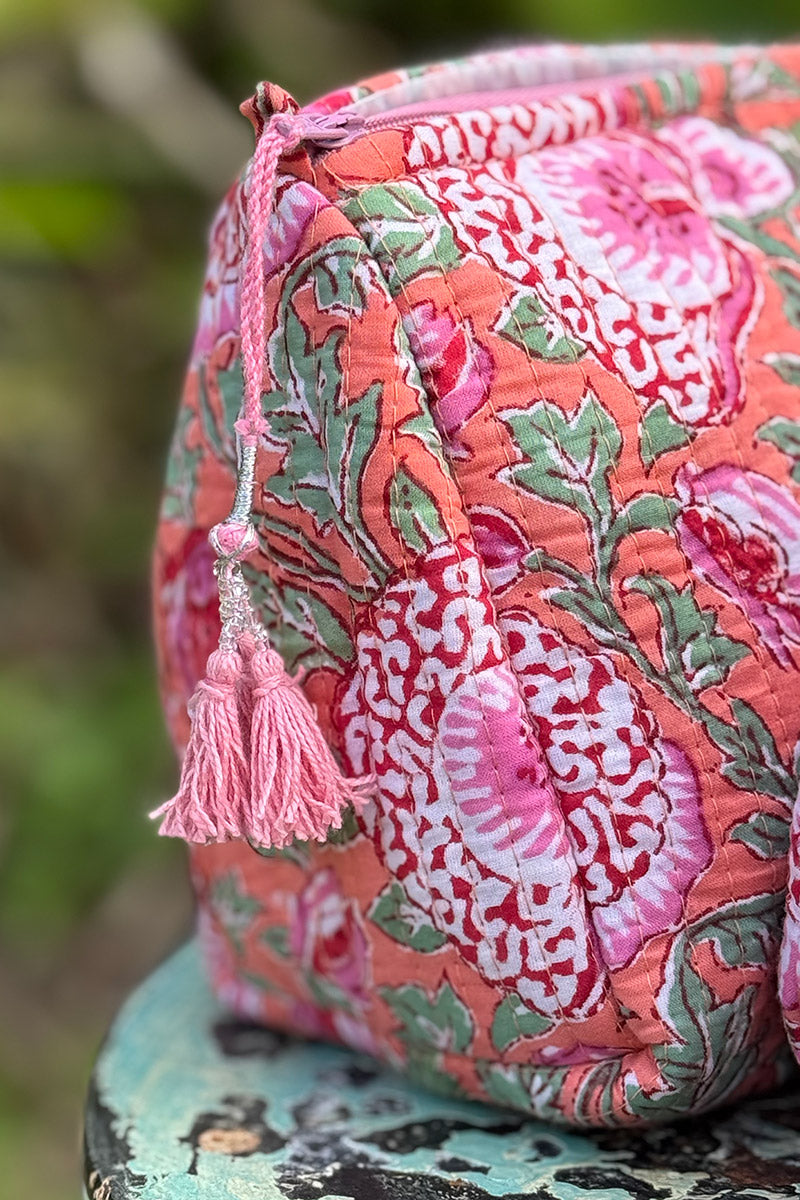 Wash Bags, accessories, Hand block prints, plastic lined with inside - Coral