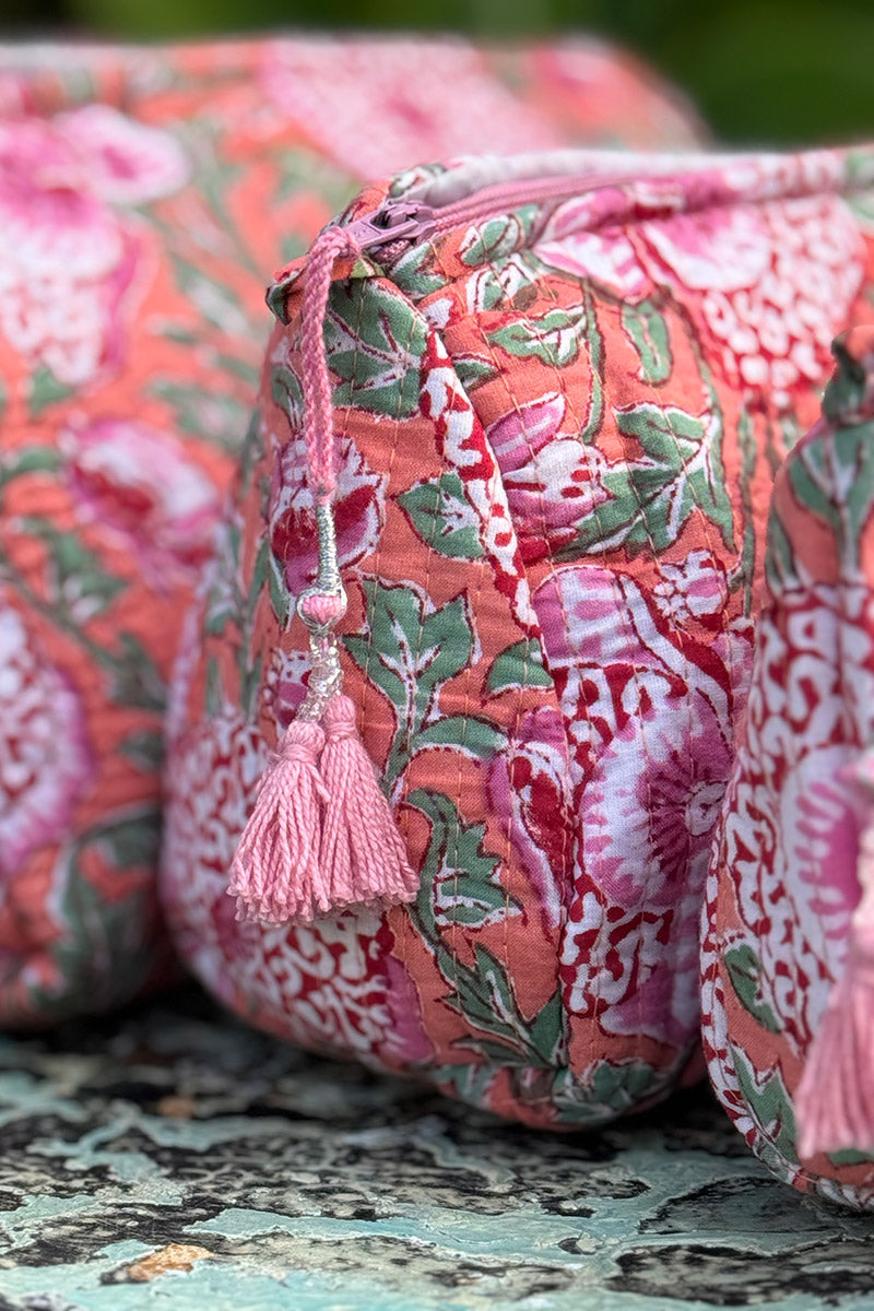 Wash Bags, accessories, Hand block prints, plastic lined with inside - Coral