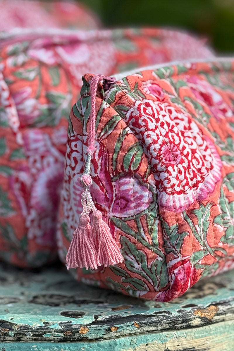 Wash Bags, accessories, Hand block prints, plastic lined with inside - Coral