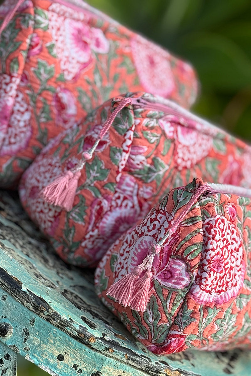 Wash Bags, accessories, Hand block prints, plastic lined with inside - Coral