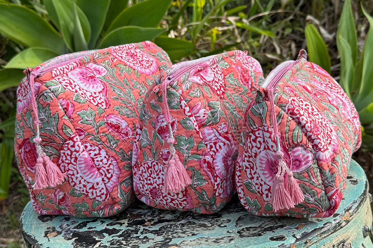 Wash Bags, accessories, Hand block prints, plastic lined with inside - Coral