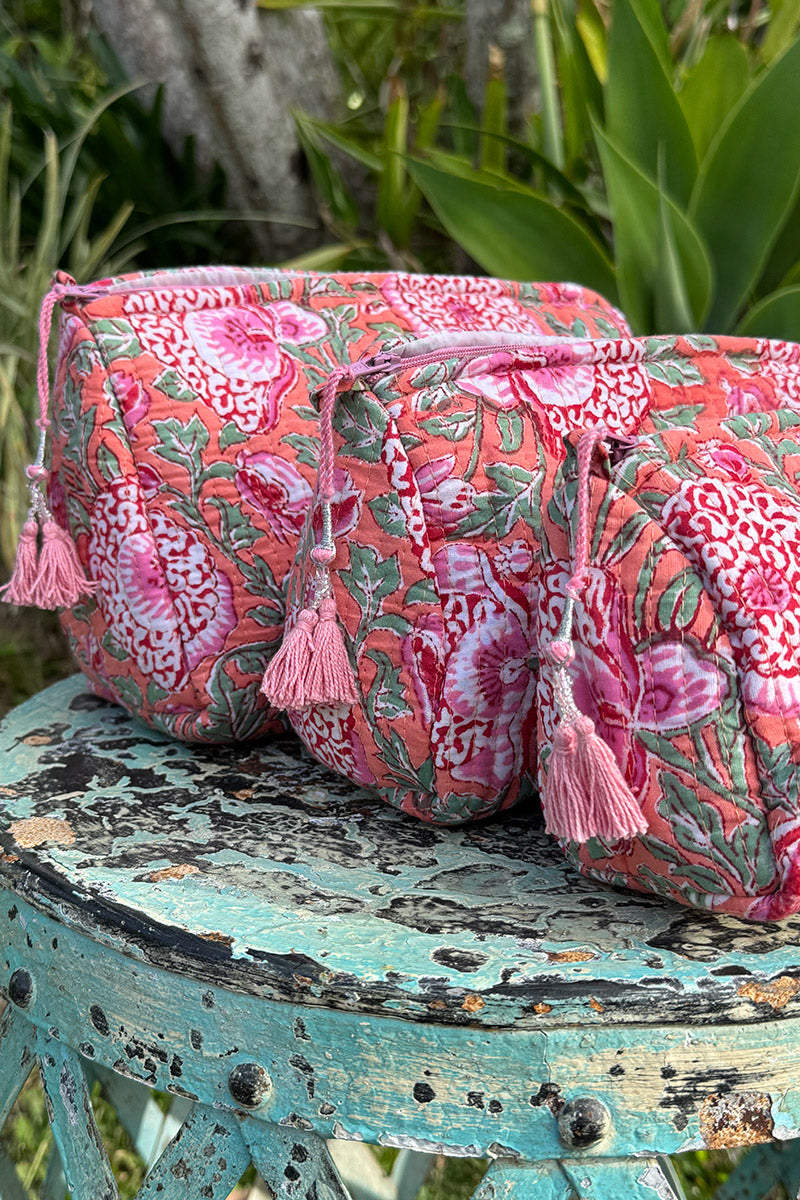 Wash Bags, accessories, Hand block prints, plastic lined with inside - Coral