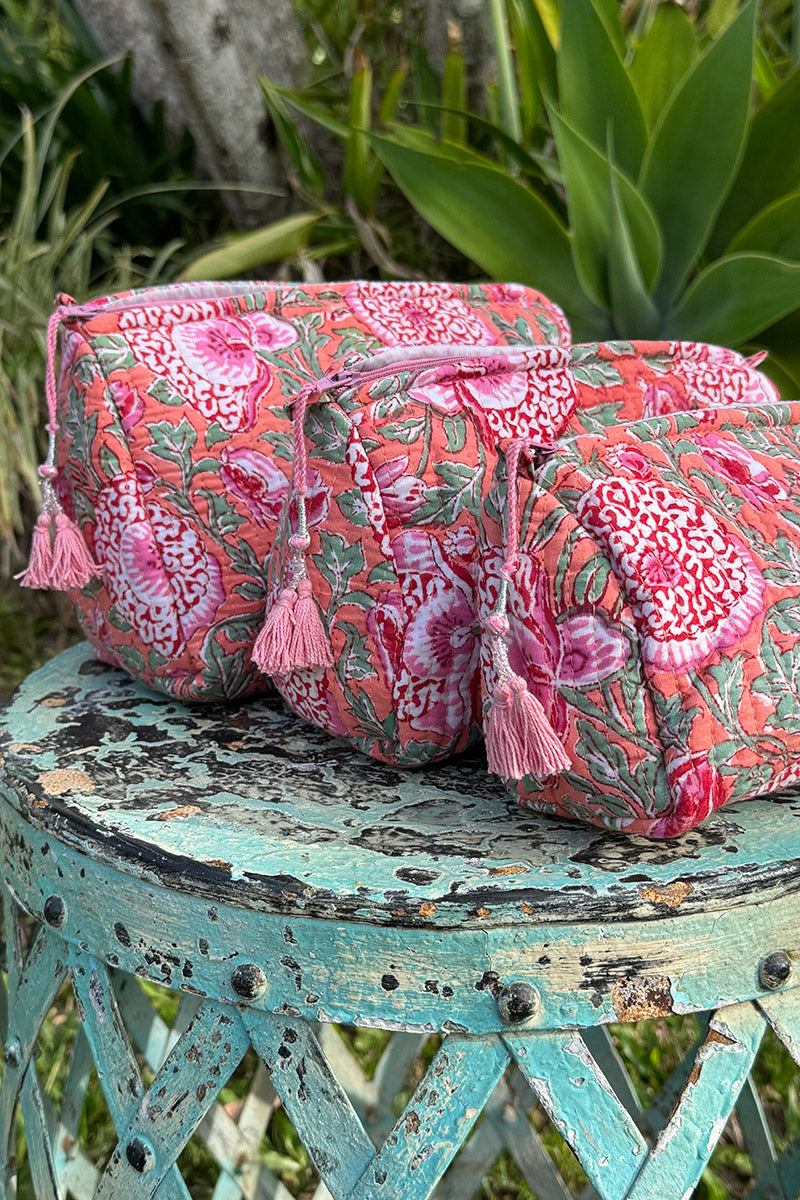 Wash Bags, accessories, Hand block prints, plastic lined with inside - Coral