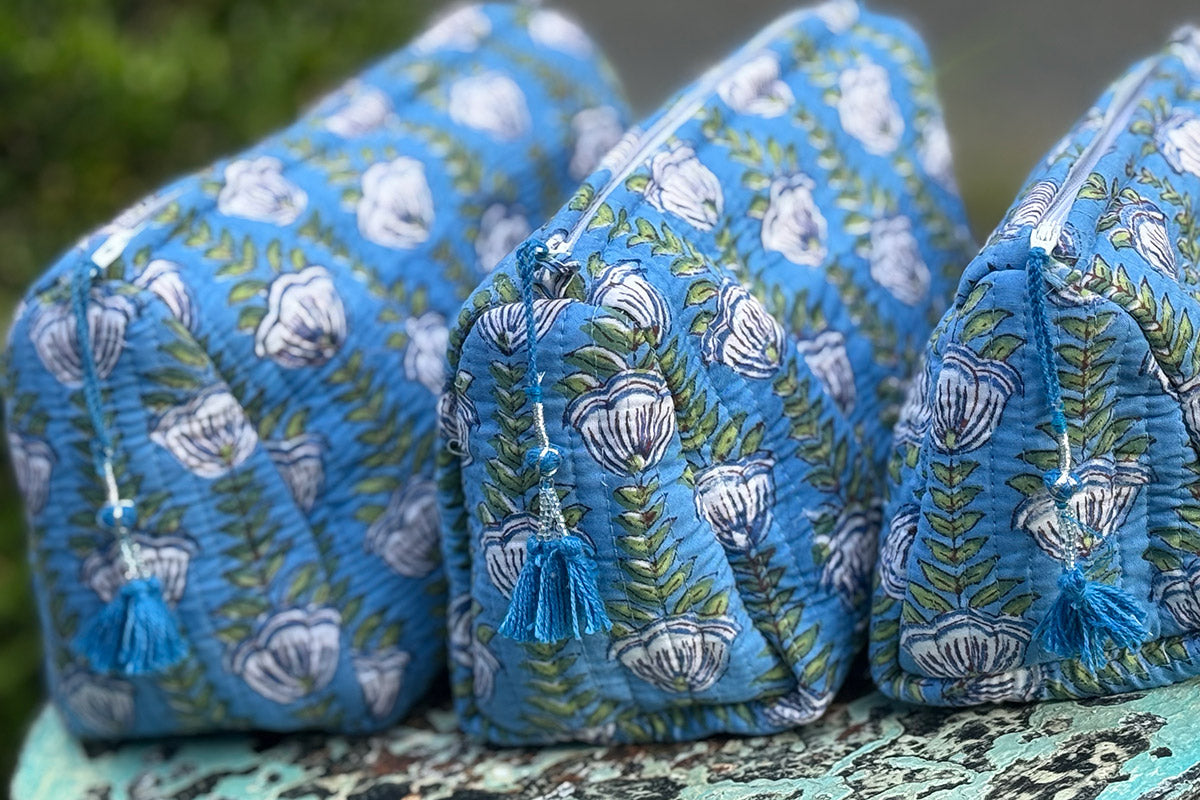 Wash Bags, accessories, Hand block prints, plastic lined with inside - Sea Garden