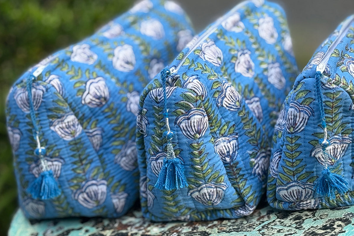Wash Bags, accessories, Hand block prints, plastic lined with inside - Sea Garden