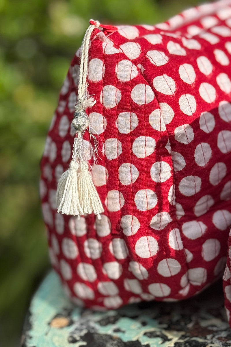 Wash Bags, accessories, Hand block prints, plastic lined with inside pockets. Small, Medium and Large. Ruby Dot