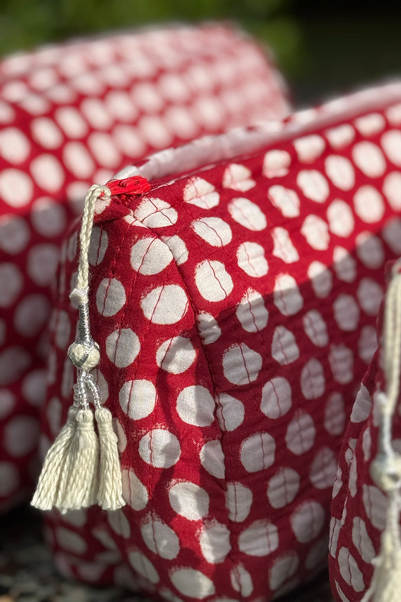 Wash Bags, accessories, Hand block prints, plastic lined with inside pockets. Small, Medium and Large. Ruby Dot