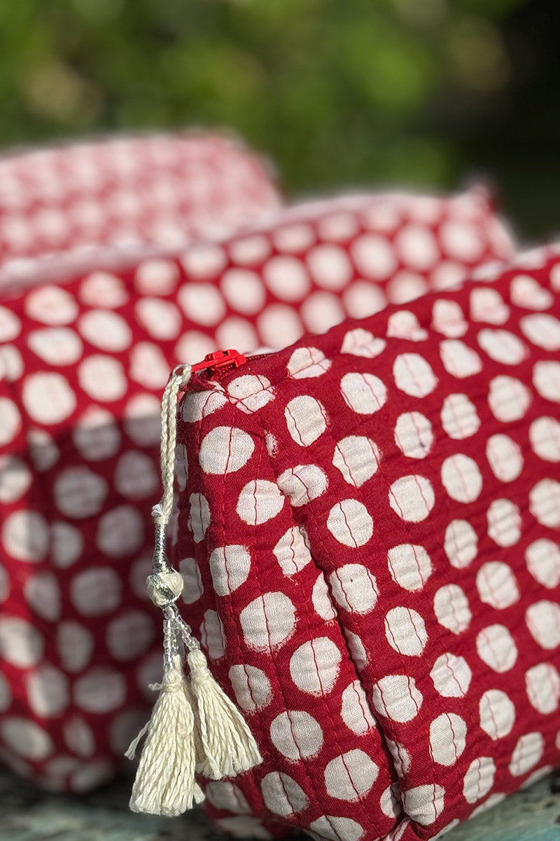 Wash Bags, accessories, Hand block prints, plastic lined with inside pockets. Small, Medium and Large. Ruby Dot