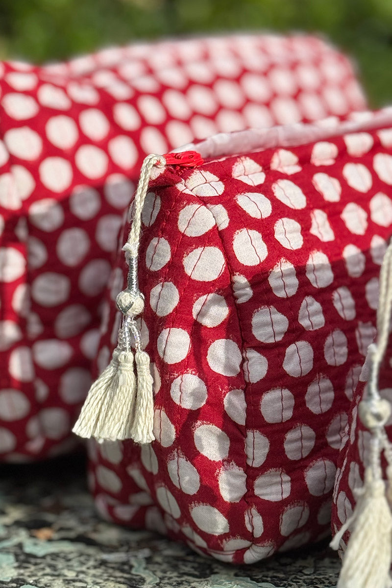 Wash Bags, accessories, Hand block prints, plastic lined with inside pockets. Small, Medium and Large. Ruby Dot