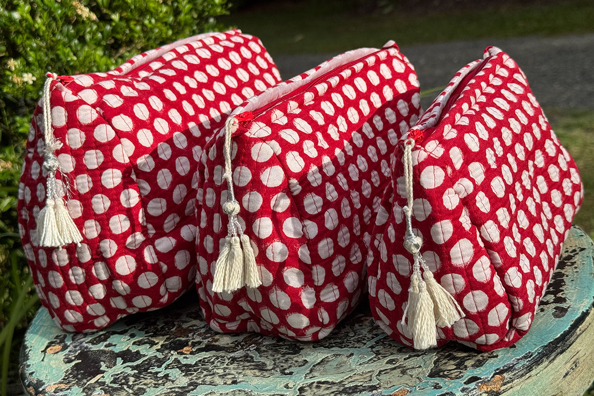Wash Bags, accessories, Hand block prints, plastic lined with inside pockets. Small, Medium and Large. Ruby Dot