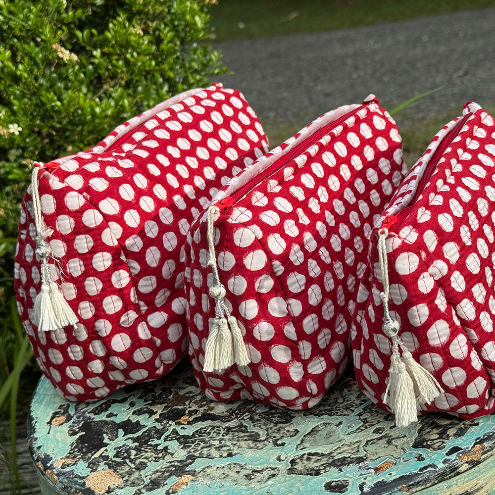 Wash Bags, accessories, Hand block prints, plastic lined with inside pockets. Small, Medium and Large. Ruby Dot
