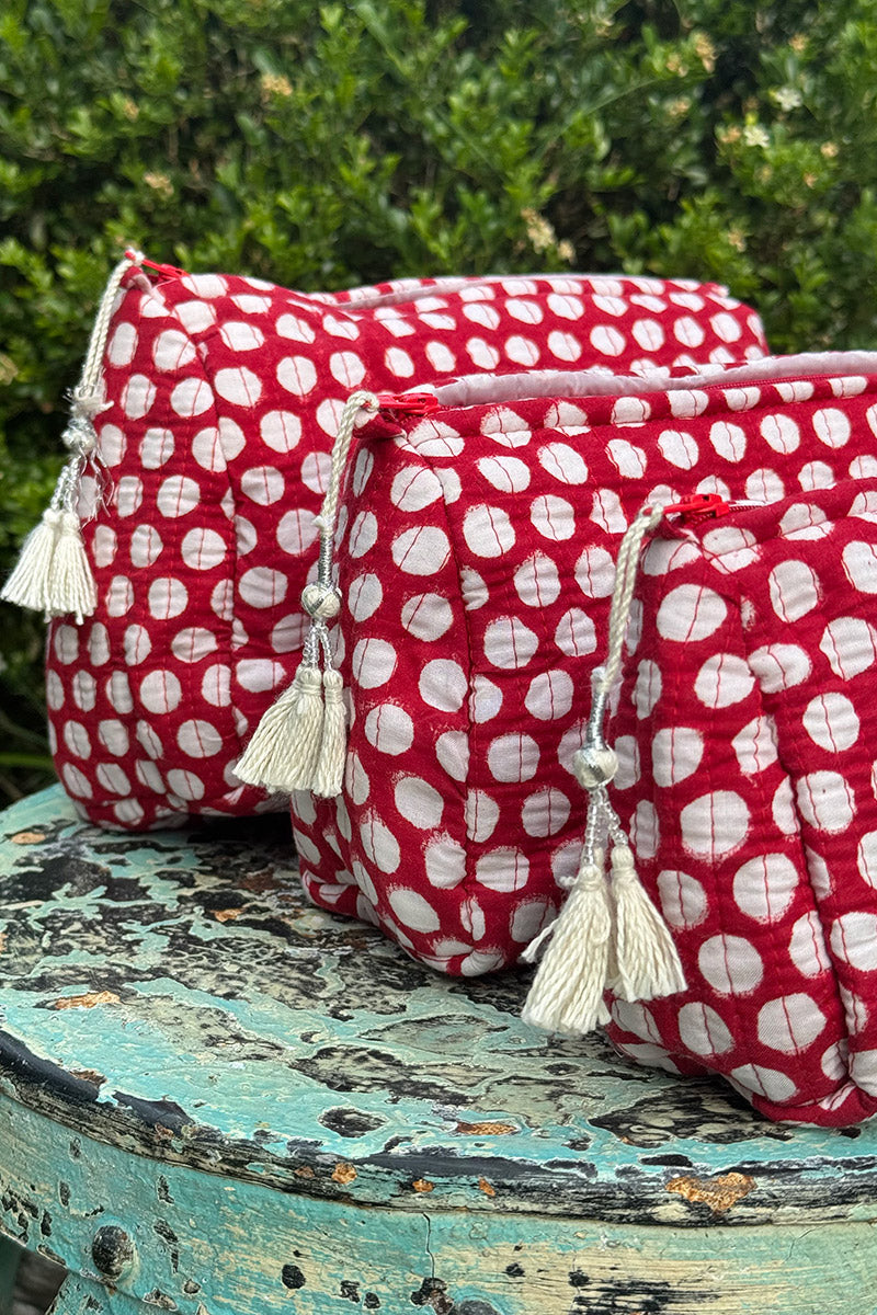 Wash Bags, accessories, Hand block prints, plastic lined with inside pockets. Small, Medium and Large. Ruby Dot