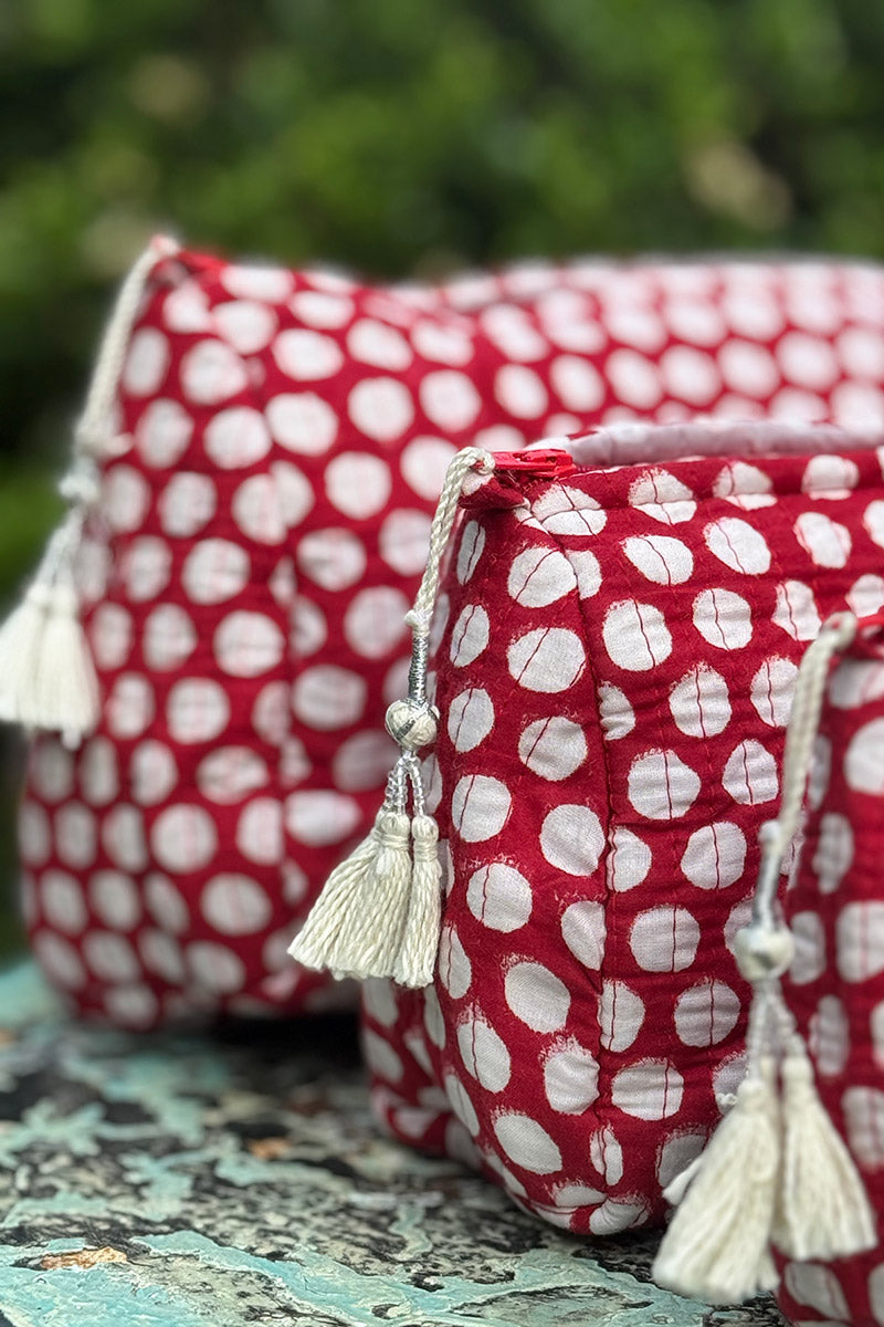 Wash Bags, accessories, Hand block prints, plastic lined with inside pockets. Small, Medium and Large. Ruby Dot