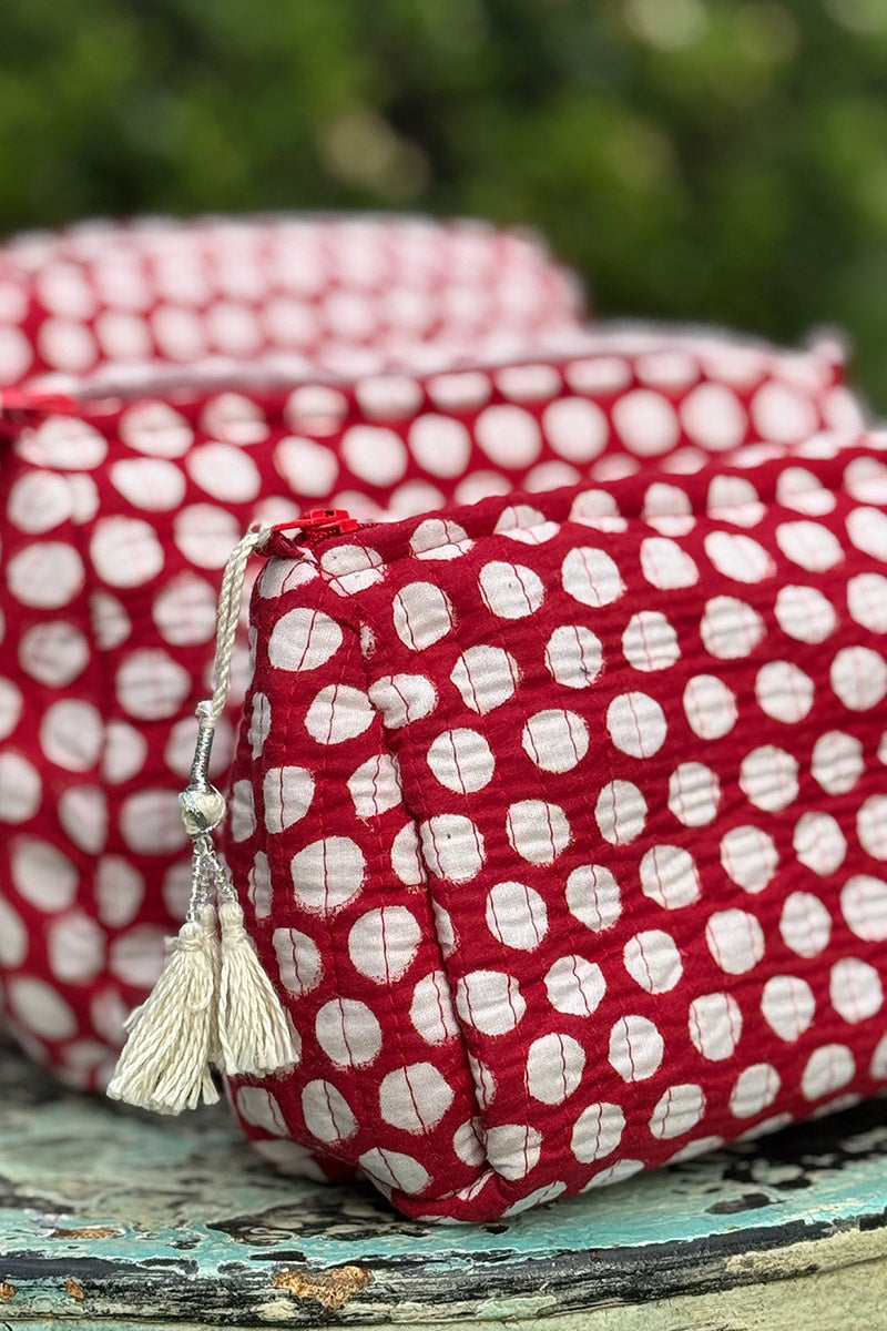 Wash Bags, accessories, Hand block prints, plastic lined with inside pockets. Small, Medium and Large. Ruby Dot