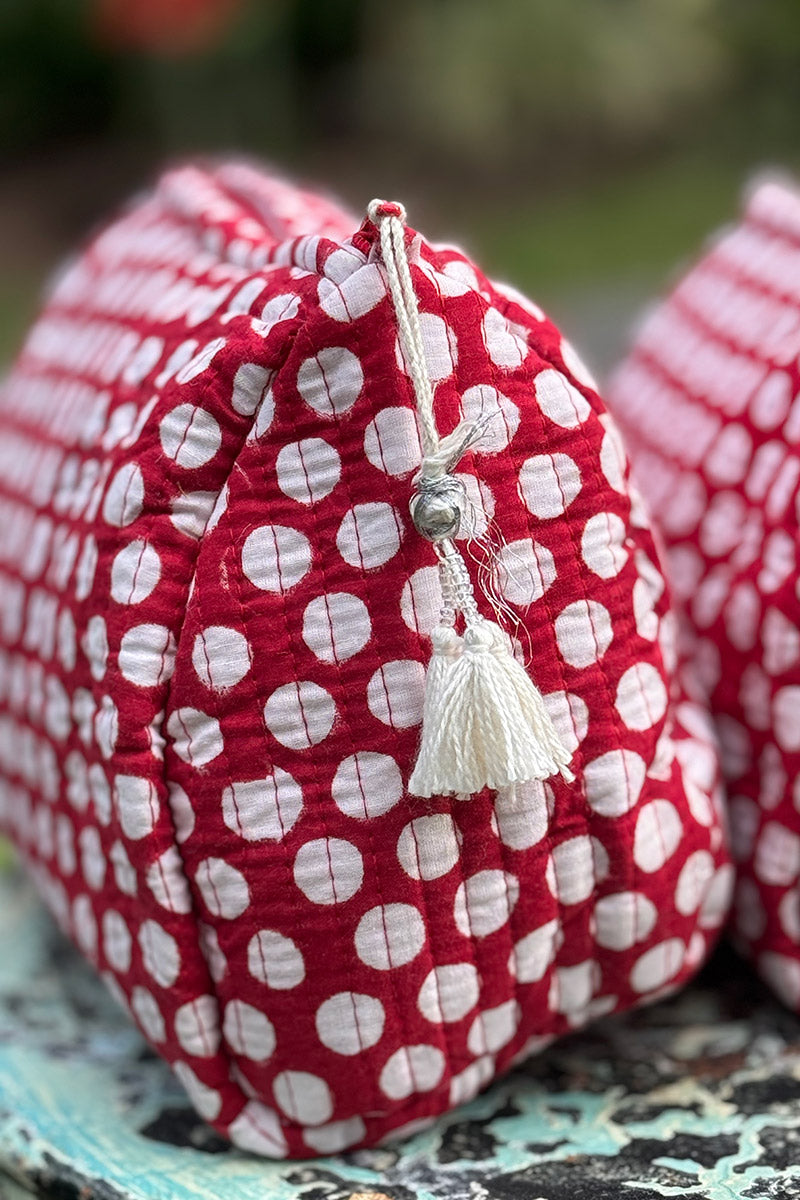 Wash Bags, accessories, Hand block prints, plastic lined with inside pockets. Small, Medium and Large. Ruby Dot