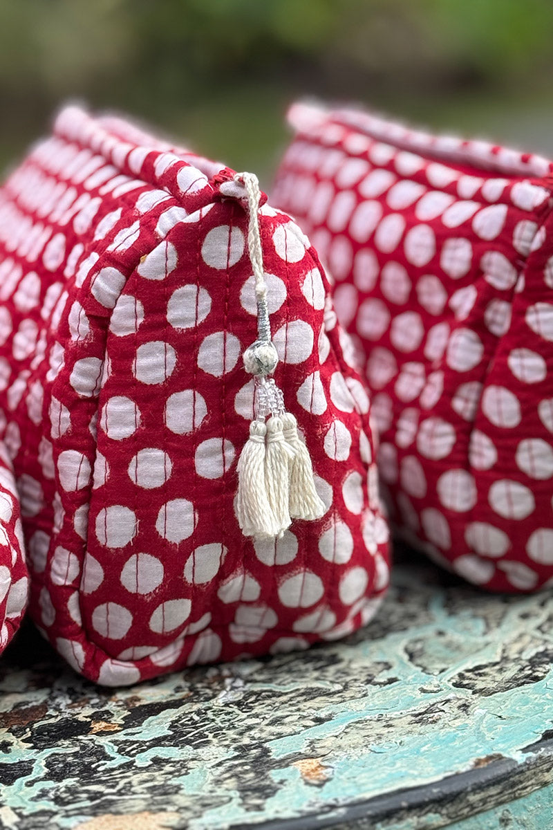 Wash Bags, accessories, Hand block prints, plastic lined with inside pockets. Small, Medium and Large. Ruby Dot