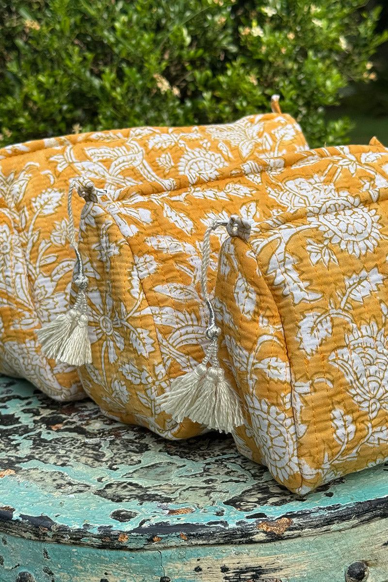 Wash Bags, accessories, Hand block prints, plastic lined with inside pockets. Small, Medium and Large. Honey
