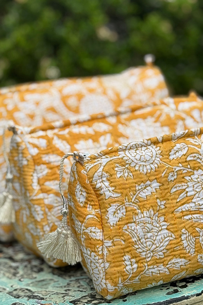 Wash Bags, accessories, Hand block prints, plastic lined with inside pockets. Small, Medium and Large. Honey