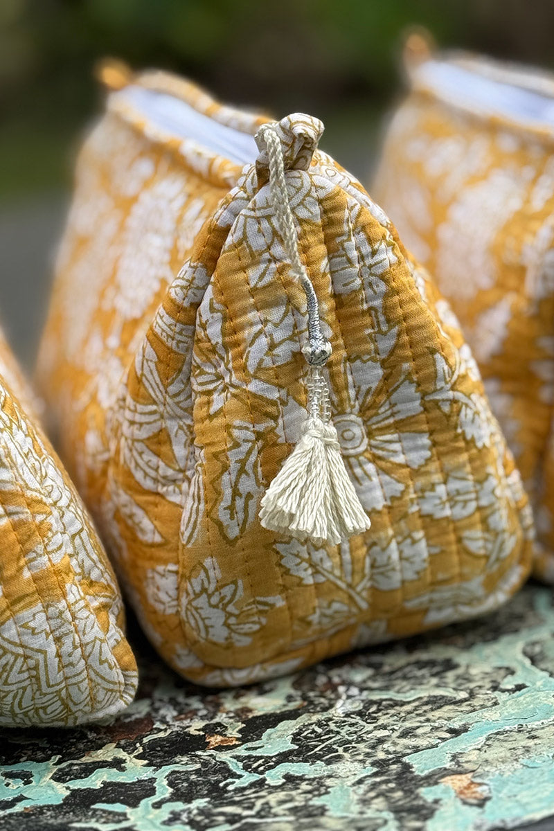 Wash Bags, accessories, Hand block prints, plastic lined with inside pockets. Small, Medium and Large. Honey