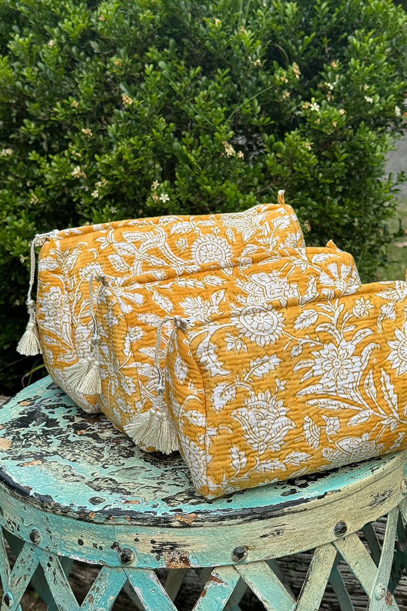 Wash Bags, accessories, Hand block prints, plastic lined with inside pockets. Small, Medium and Large. Honey