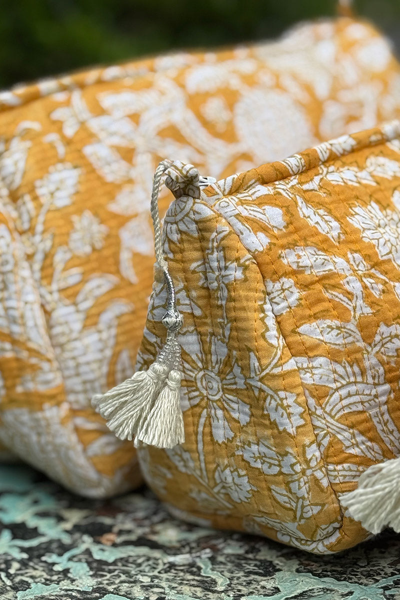 Wash Bags, accessories, Hand block prints, plastic lined with inside pockets. Small, Medium and Large. Honey