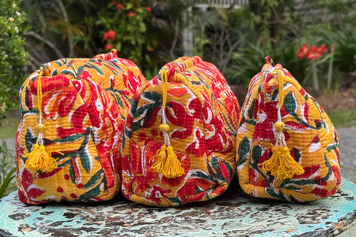 Wash Bags, accessories, Hand block prints, plastic lined with inside pockets. Small, Medium and Large. Solara