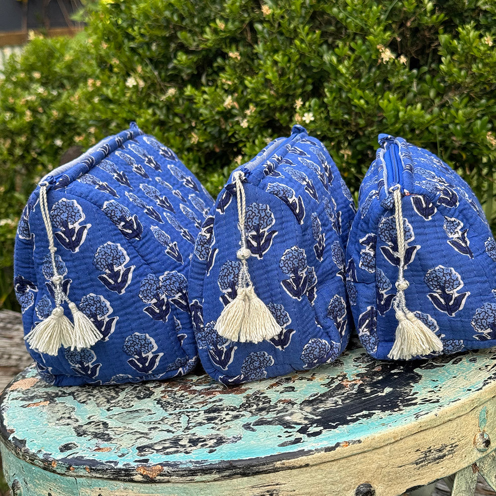 Wash Bags, accessories, Hand block prints, plastic lined with inside pockets. Small, Medium and Large. Oliana