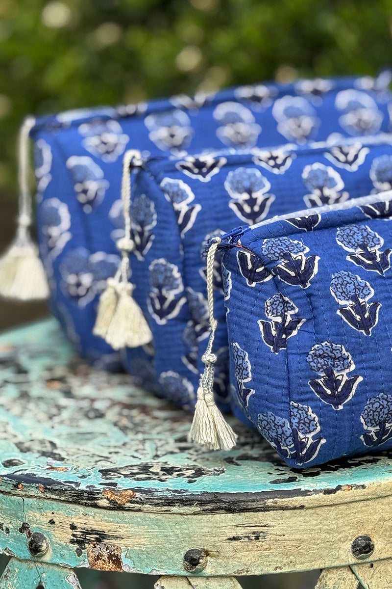 Wash Bags, accessories, Hand block prints, plastic lined with inside pockets. Small, Medium and Large. Oliana