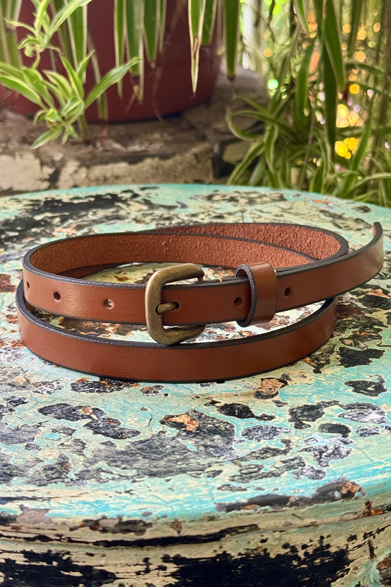 Buffalo leather belt, slimline with a classic brass buckle