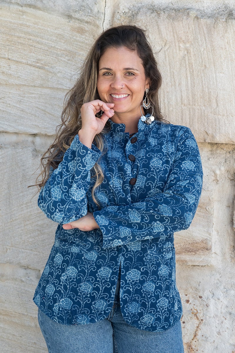 Womens, Tilbra Jacket, long sleeve, 100% cotton corduroy, hand block print. In natural Indigo Lila