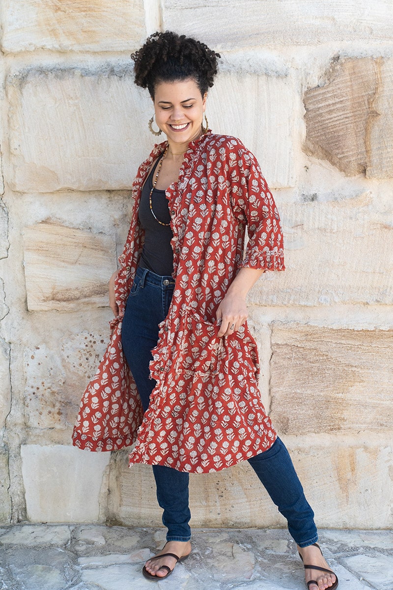 Womens, Shimla Coat, 7/8 sleeve, 100% cotton, hand block print. In rustic red - Kalika print