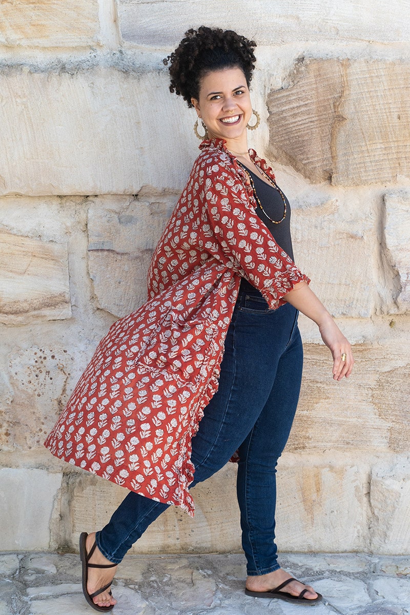 Womens, Shimla Coat, 7/8 sleeve, 100% cotton, hand block print. In rustic red - Kalika print