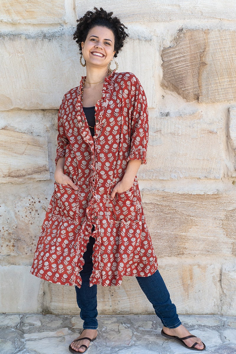 Womens, Shimla Coat, 7/8 sleeve, 100% cotton, hand block print. In rustic red - Kalika print