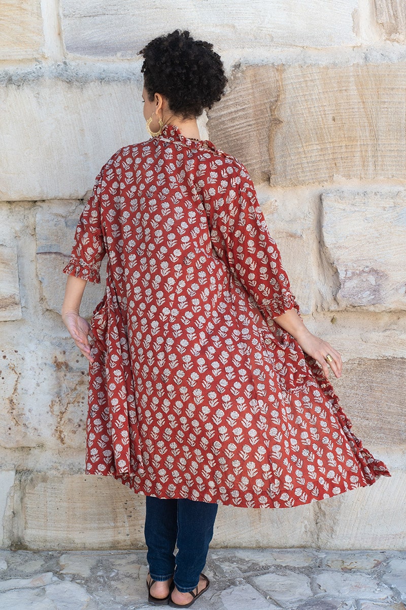 Womens, Shimla Coat, 7/8 sleeve, 100% cotton, hand block print. In rustic red - Kalika print