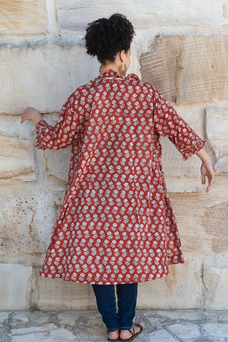 Womens, Shimla Coat, 7/8 sleeve, 100% cotton, hand block print. In rustic red - Kalika print