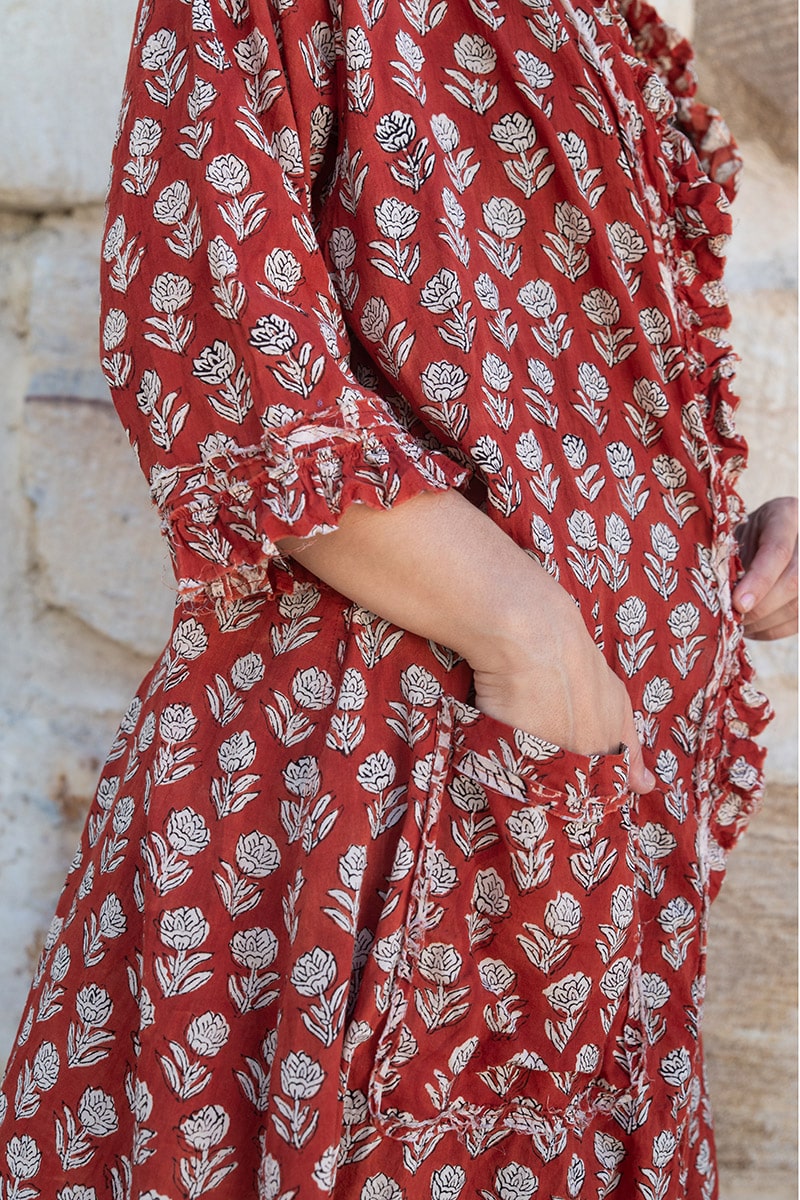 Womens, Shimla Coat, 7/8 sleeve, 100% cotton, hand block print. In rustic red - Kalika print