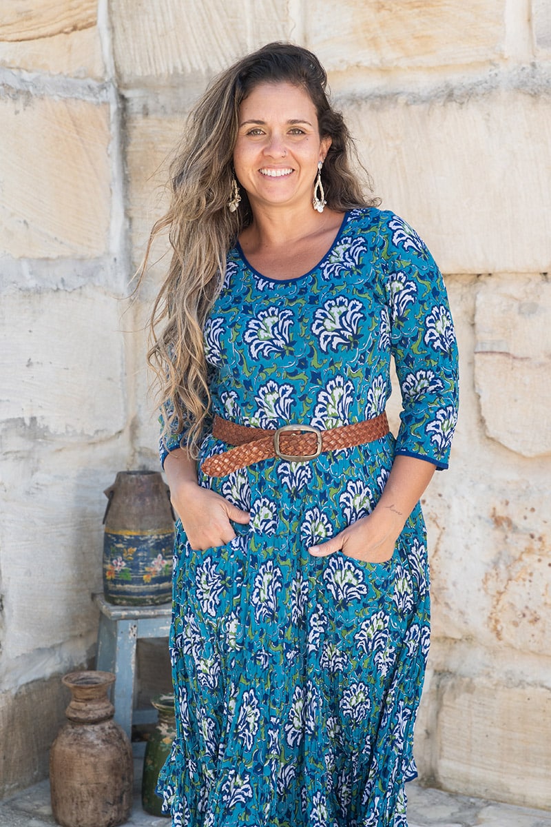Womens, Flamenco dress with sleeves - 100% Cotton - Blue Lagoon