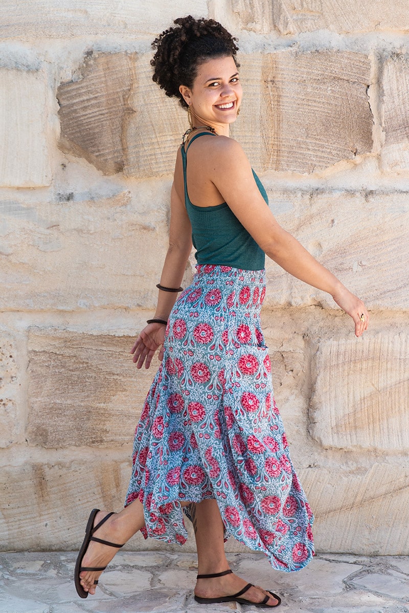 Womens, Coco Skirt, 100% cotton, hand block print. In watermelon pink & grey - Floria