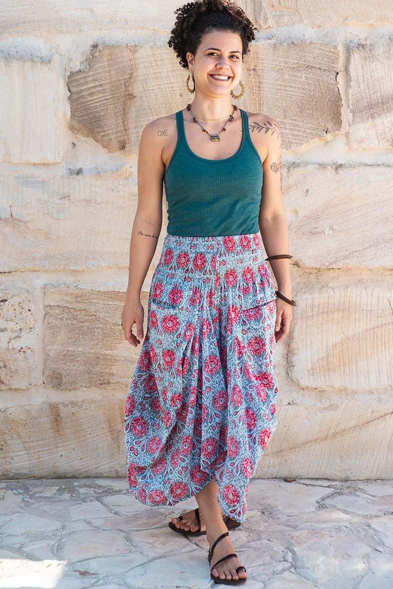 Womens, Coco Skirt, 100% cotton, hand block print. In watermelon pink & grey - Floria
