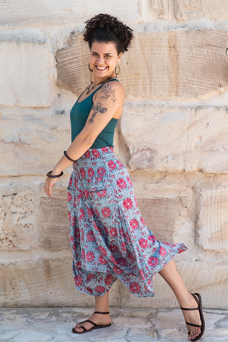Womens, Coco Skirt, 100% cotton, hand block print. In watermelon pink & grey - Floria