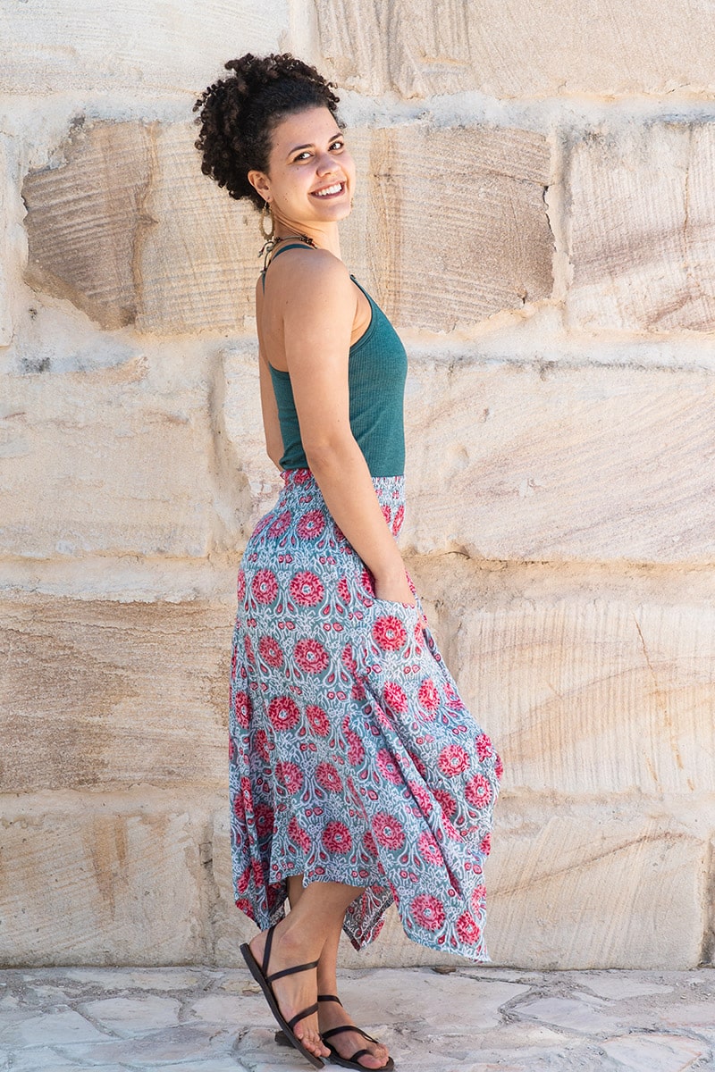 Womens, Coco Skirt, 100% cotton, hand block print. In watermelon pink & grey - Floria
